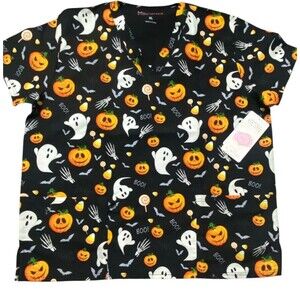 Microflex Unisex Halloween Scrub Top - Ghosts, Pumpkins, and Candy Corn  Size XL